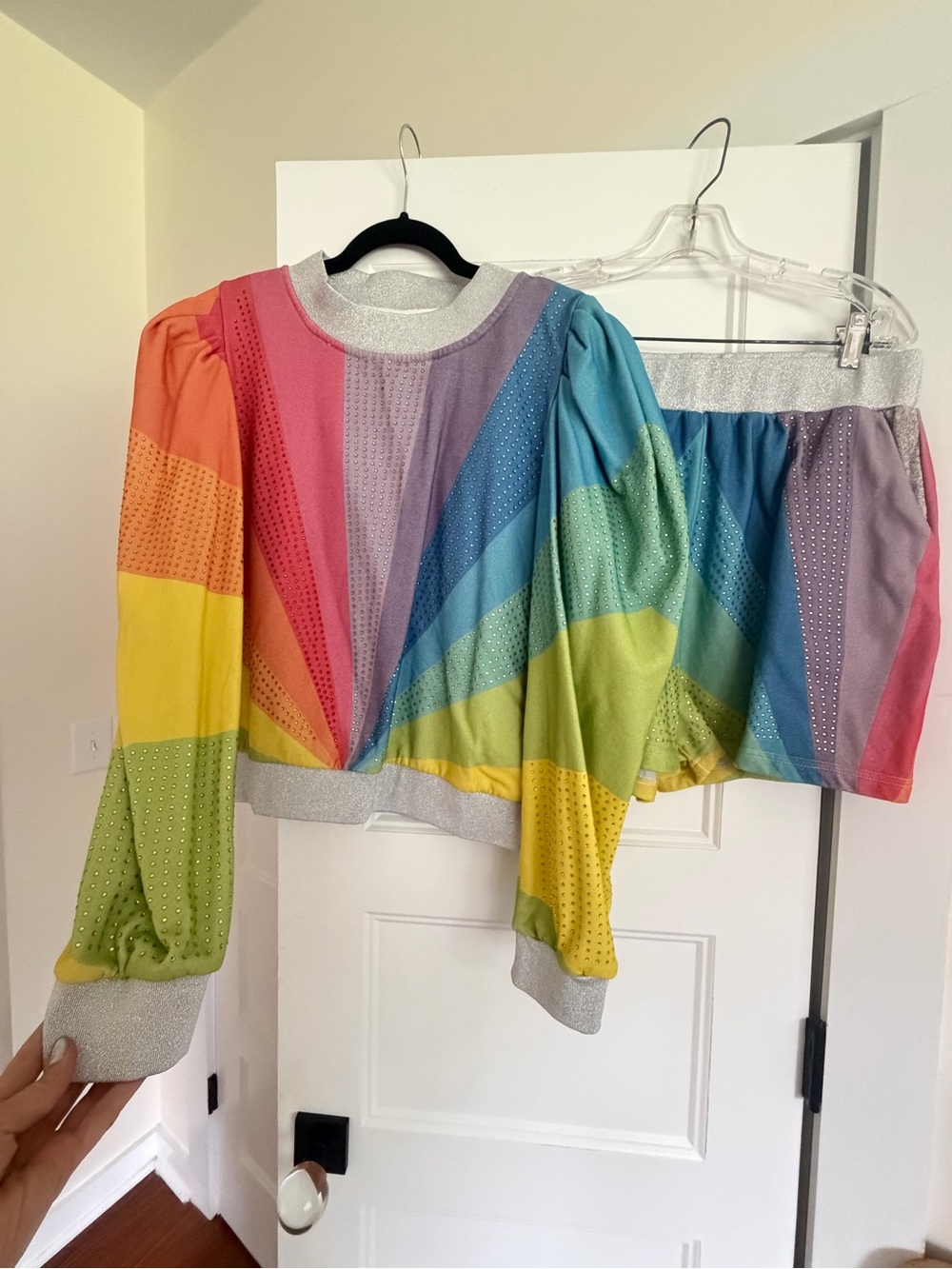 QUEEN OF SPARKLES Rainbow Sequin-Embellished Multicolor Sweatshirt & Shorts Set
